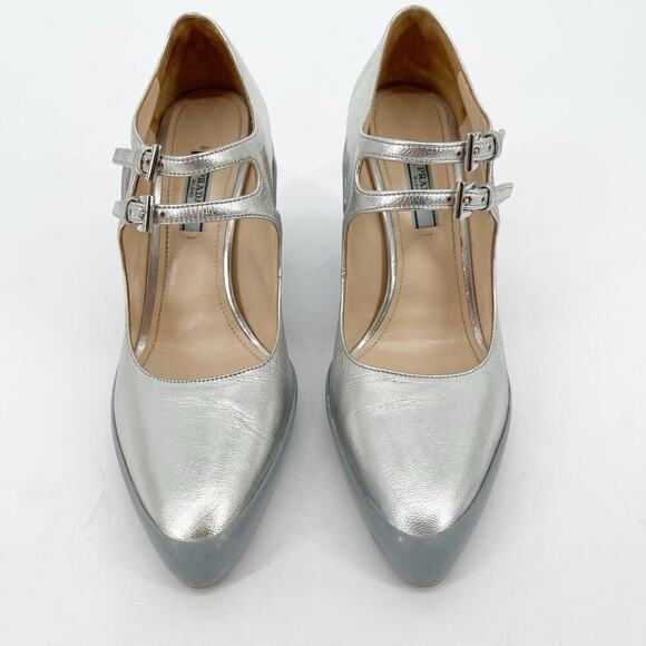 Prada F/W 2015 Silver Metallic Leather Mary Jane Rubber Trim Block Heels IT 37.5 - Picture 8 of 16